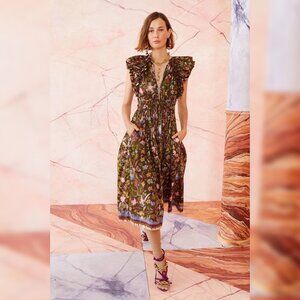 Ulla Johnson Arina Midi Dress Pine Floral S 4 Women's Flutter Sleeve NEW 44343